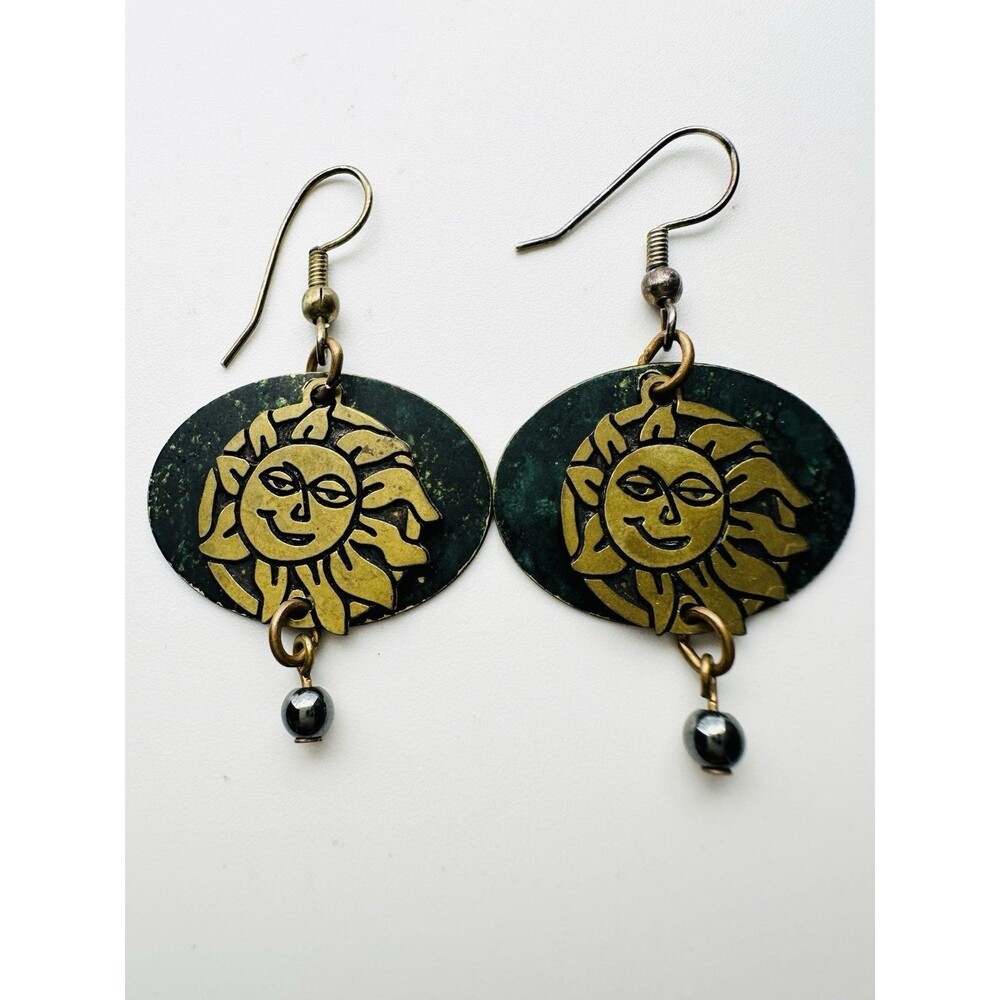 Handmade Signed Sun face Dangle Earrings